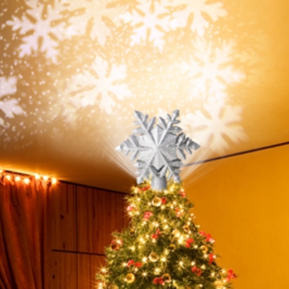Silver Christmas Tree Topper with Rotating LED Snowflake Projector Lights - Picture 1 of 11